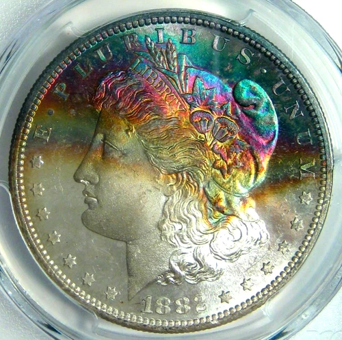1882-S TONED RAINBOW MORGAN SILVER DOLLAR~PCGS GEM MS65 CAC~DOUBLE CRESCENT 🔥