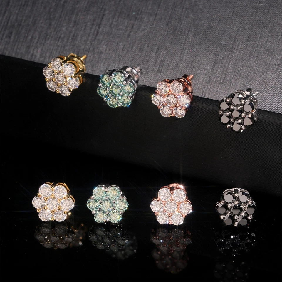 9mm Iced Green Black Moissanite Flower Stud Earrings Screwback 925 Silver Women - Image 2 of 4