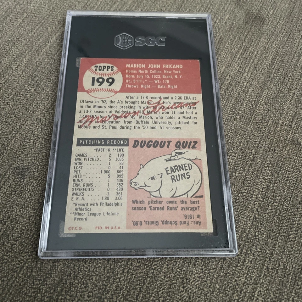 1953 Topps #199 Marion Fricano , Philadelphia Athletics, SGC 5 - Image 2 of 2