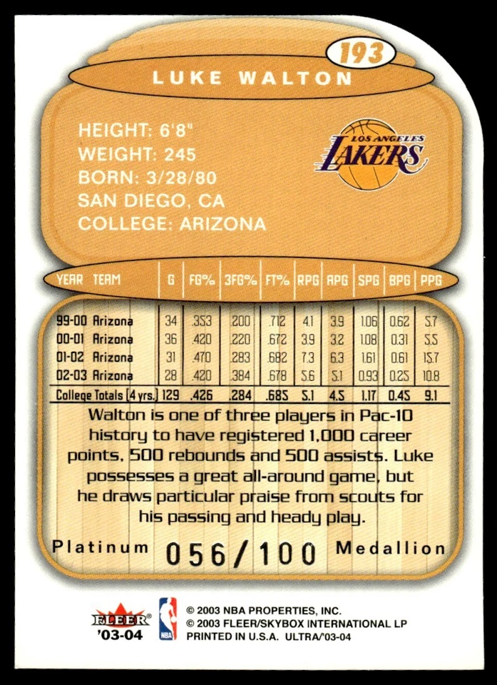 2003-04 Ultra Platinum Medallion Luke Walton 056/100 Los Angeles Lakers #193 Foto 2 de 2
