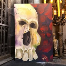 Tattoo Art Skull Painting Justin Wold Signed on Canvas Gothic Decor 11x17"