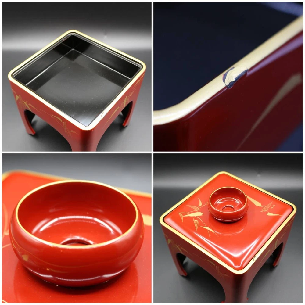 Jubako Bento Box Japanese Toso set utensils Vermilion lacquered Choshi Sake stan