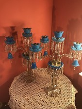 A Pair Of Antique Baccarat Crystal Candlestick /3 Arms/Blue Opaline/Candleholder