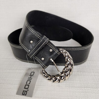 New! Chicos leather belt Chicos Leather Belt, Black Leather, Silver Tone, Enamel and  main image 3