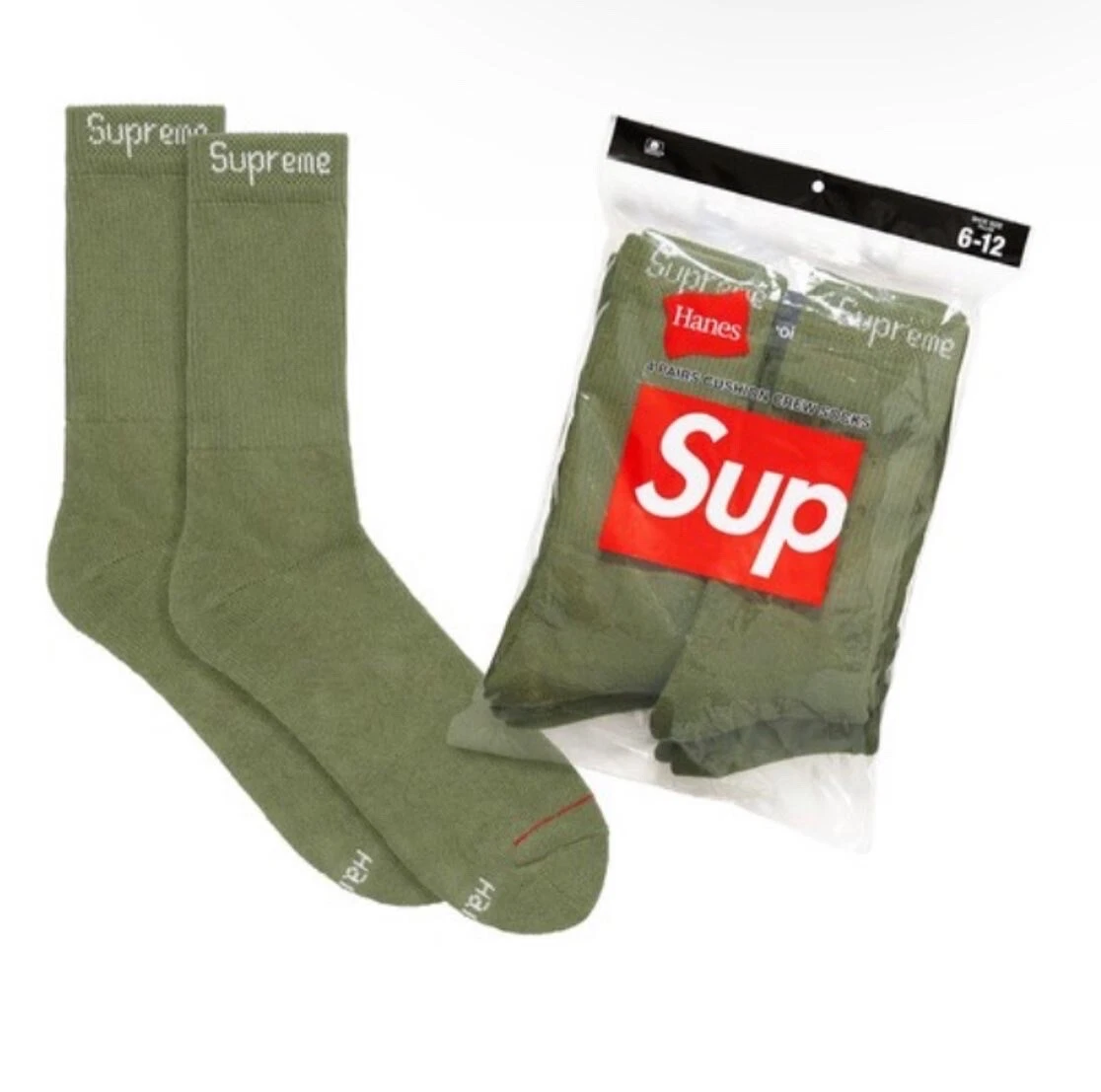 Chaussettes Supreme x Hanes Crew vert olive (1 paquet : 4 paires) neuves authentiques