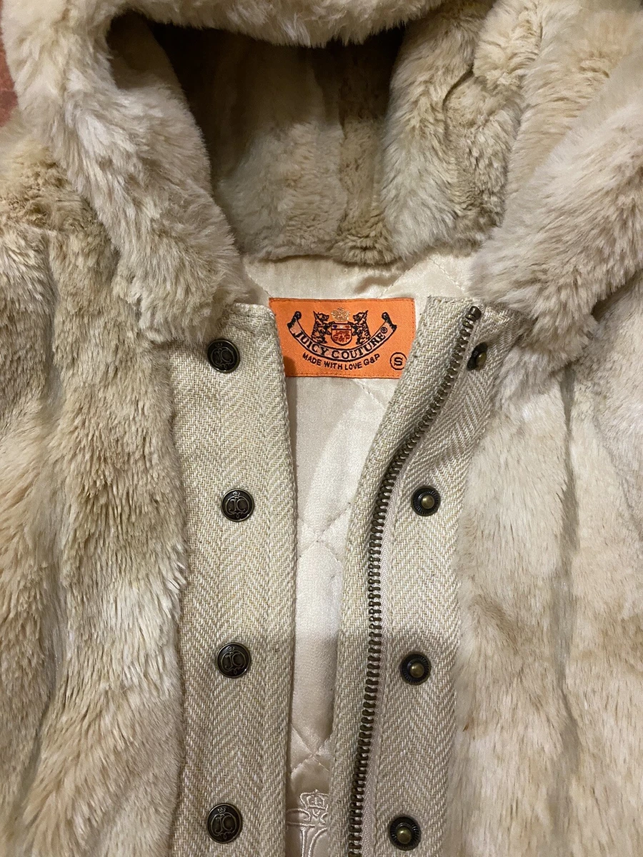 Women s Juicy Couture Faux Fur Jacket size L Y2K Cream Hooded Size S