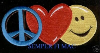 PEACE SIGN LOVE SMILE HAT VEST PATCH SMILEY FACE HEART PIN UP GIFT QUILT WOW!