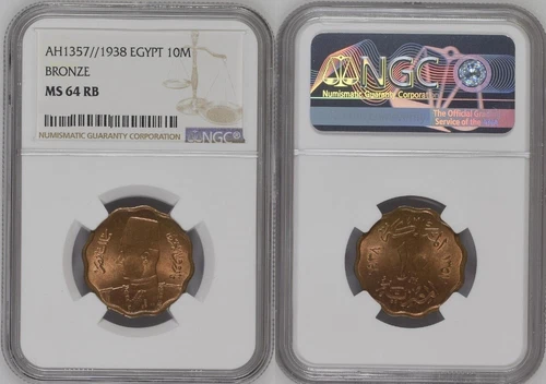 1938 Egypt 10 Milliemes.  Bronze.  KM-361 NGC MS 64 RB very nice color  RR