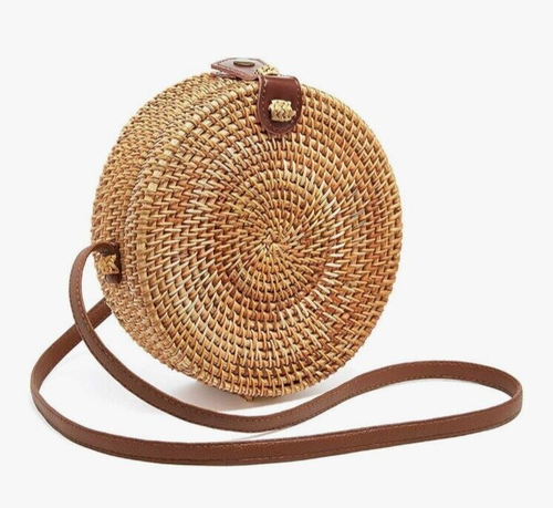 Boho Summer & Rose Round Rattan Cross Body Purse with Leather Strap - Picture 4 of 5