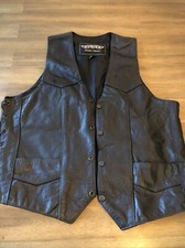 UNIK Black Leather Biker Vest 3 Pocket Lace Up Sides , 4 Button