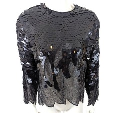 Vintage 90s Silk Sequin Beaded Evening Blouse Top Womens Small Paillettes Black
