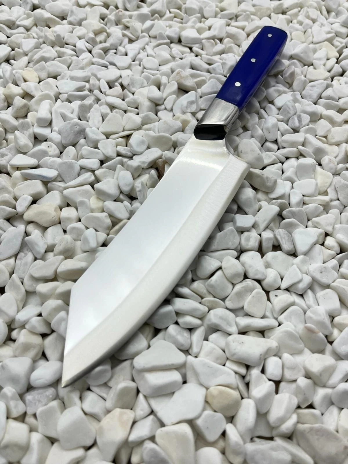 Handmade Stainless Steel Santoku Knife: Blue Micarta Handle, Engraved Chef Knife