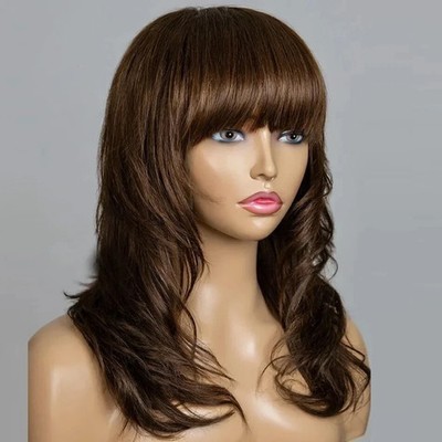 Layered Cut Full Machine Made Wigs For Women Brazilian Remy Brown Human Hair Wig