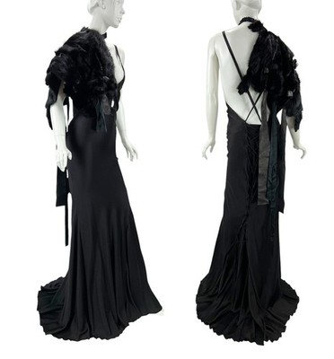 Tom Ford for Gucci FW 2002 Runway Black Silk Lace-Up Gown + Mink