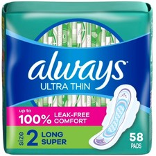 Ultra Thin Pads with Wings, Long Super Absorbency, Size 2, 58 Count
