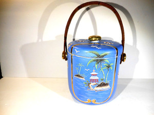 Seaside Pagoda Style Japan Hand Painted Moriage Handled Biscuit Jar Cookie Tea