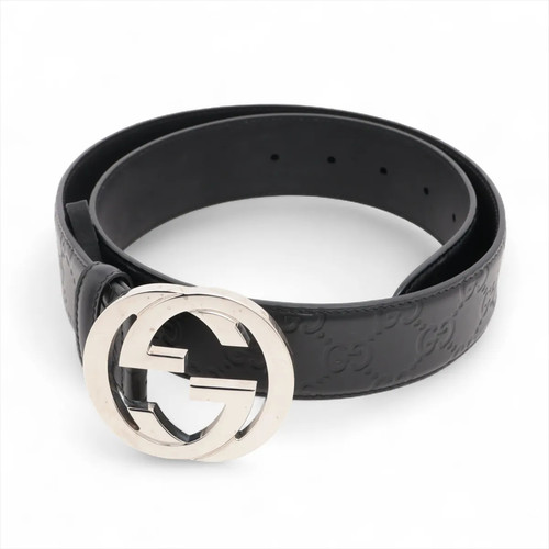 Gucci 411924 Interlocking G Belt 80 Leather x metal Black × Silver