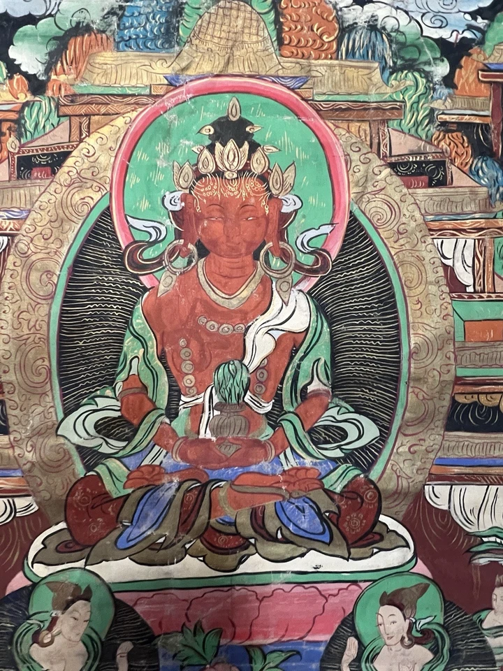 Antigua Tara Thangka Amitayus verde pintada a mano - arte budista tibetano - 3 pies 4 pulgadas Foto 4 de 4