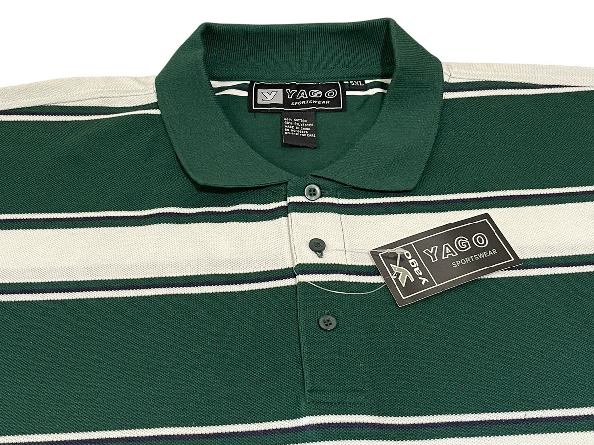 Yago VTG Y2K Green White Striped Polo Shirt Men