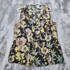 CAbi Top Womens L Black Floral Osaka Nights Sleeveless Ruffled V-Neck Office 