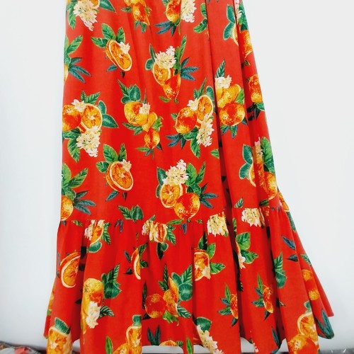 MONSOON DRESS XL Summer Maxi Dress Citrus Fruit Orange Print Frill Long - Picture 5 of 10