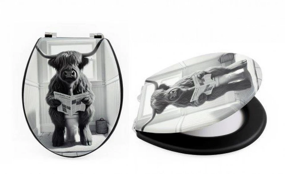 SIFCON INTERNATIONAL PLC Highland Cow Toilet Seat 45x36cm Black and White PVC MDF Chrome Hinges Bathroom