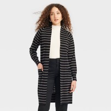 Women's Duster Cardigan Size XS Black/Taupe Striped Open-front - A New Day