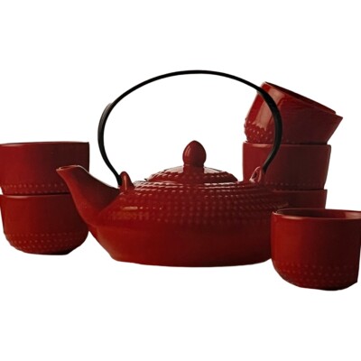 Traditional Japanese Hobnail Design 7pc Red Tea Set Maxwell Williams Jozo