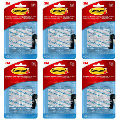 6 Packs 3M Command 12 Mini Clear Hooks & 16 Adhesive Strips Per Pack Max 0.5 lb
