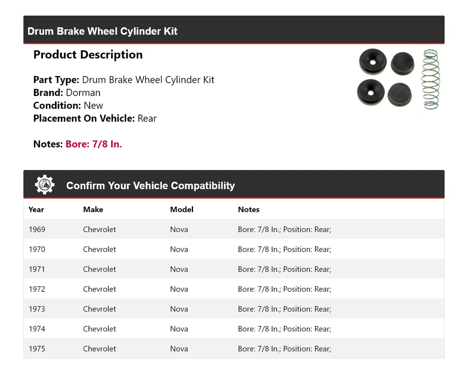 Kit de cilindro de rueda de freno de tambor trasero 1970 1971 Chevrolet Nova Dorman 1969-1975 Foto 2 de 3