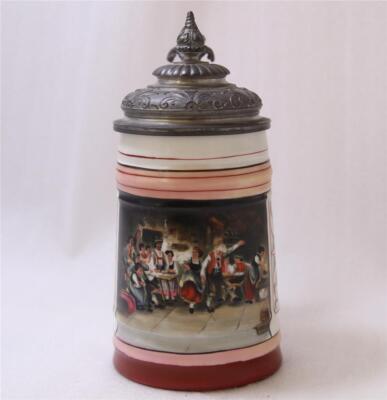 Antique Porcelain Beer Stein Fancy Pewter F.Defregger Grossvater Dance c.1880s