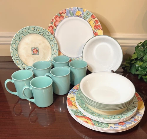 24 Piece Set of Corning Corelle WATERCOLORS Dishes Plates Bowls Mugs Excellent