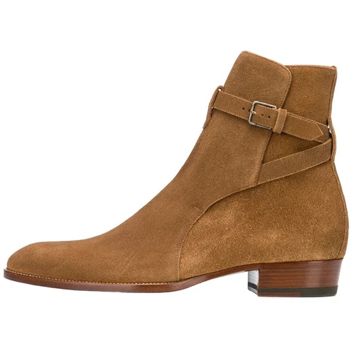 Buckle Mens Pointed Toe Chelsea Ankle Boots Motor Shoes Real Leather Mid Heel - Picture 11 of 14