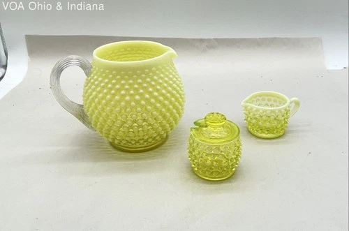 Fenton Hobnail Vaseline Uranium Glass 3pc Pitcher Creamer Sugar Set Vintage