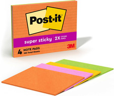 Post-It Super Sticky Notes, 6 X 8 In, Neon Fizz, 4 Lined Pads
