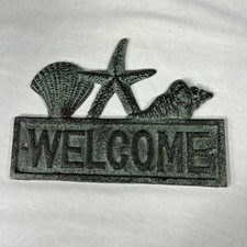 Heavy Cast Metal WELCOME sign Faux Patina Beachy Vibe With Sea Shells