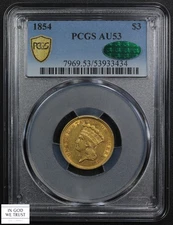 1854 $3 Three Dollar Gold Indian Princess PCGS AU 53 CAC
