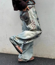 Men's Blue Denim Jeans Printed Straight Leg Casual Punk Boy Pants Hippie Loose