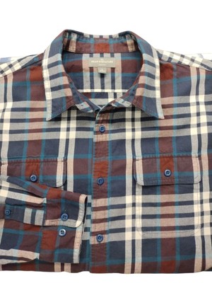 Bean Signature Long Sleeve Button Up Shirt Mens Large Navy White Rust Plaid