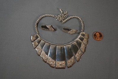 Vintage Juan Willie Navajo Sterling Silver & 14k Gold Necklace & Earrings