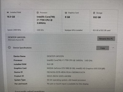 Alienware Aurora R6 Gaming Desktop I7-7700 CPU @ 3.60GHz 16 GB Nvidia GTX 1080