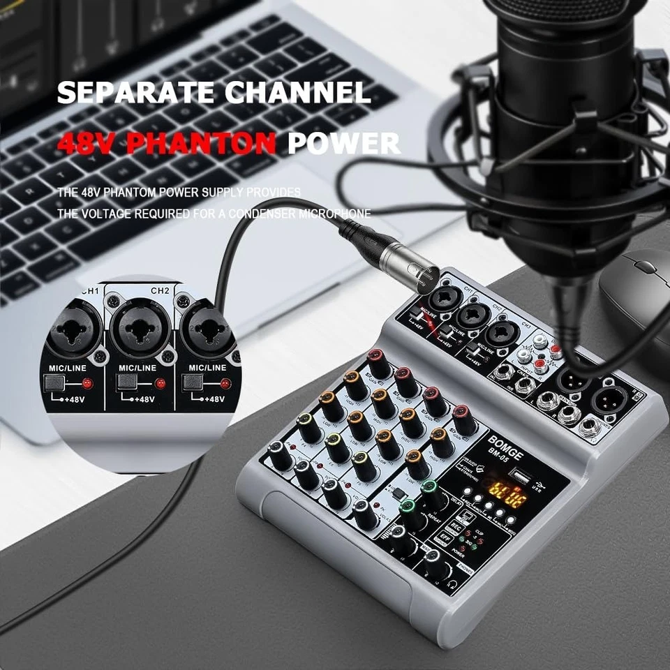 Table de mixage DJ BOMGE 5 canaux USB Bluetooth Écho 48 V - Photo 2/4
