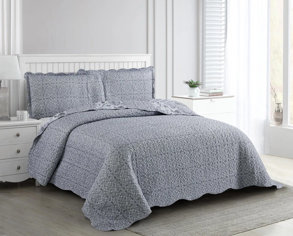 Retazos Flores Grises, Juego de Edredón de 3 Piezas con 2 Fundas, Colcha Reversible,... Foto 2 de 4