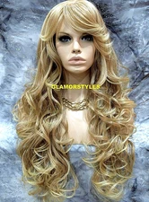 FULL WIG LONG LAYERED WAVY SIDE PART MEDIUM BLONDE MIX HEAT OK NWT
