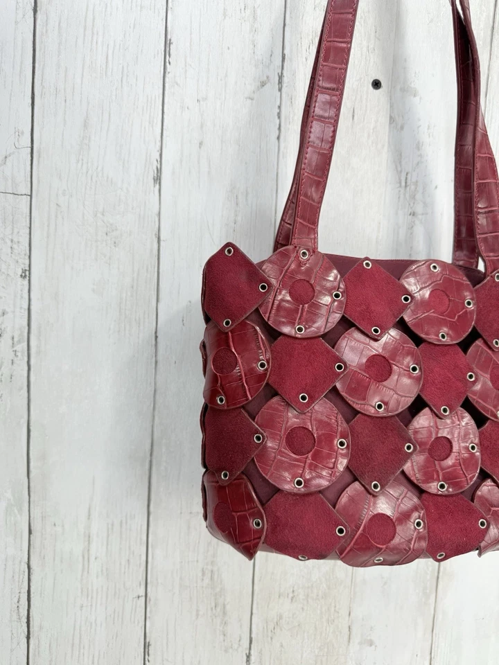 Bolso de hombro vintage Braccialini de cuero rojo cubo boho cocodrilo en relieve Foto 3 de 4