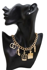 Women Necklace Gold Color Crown Pump Shoe Lipstick Love Perfume Infinity Charms