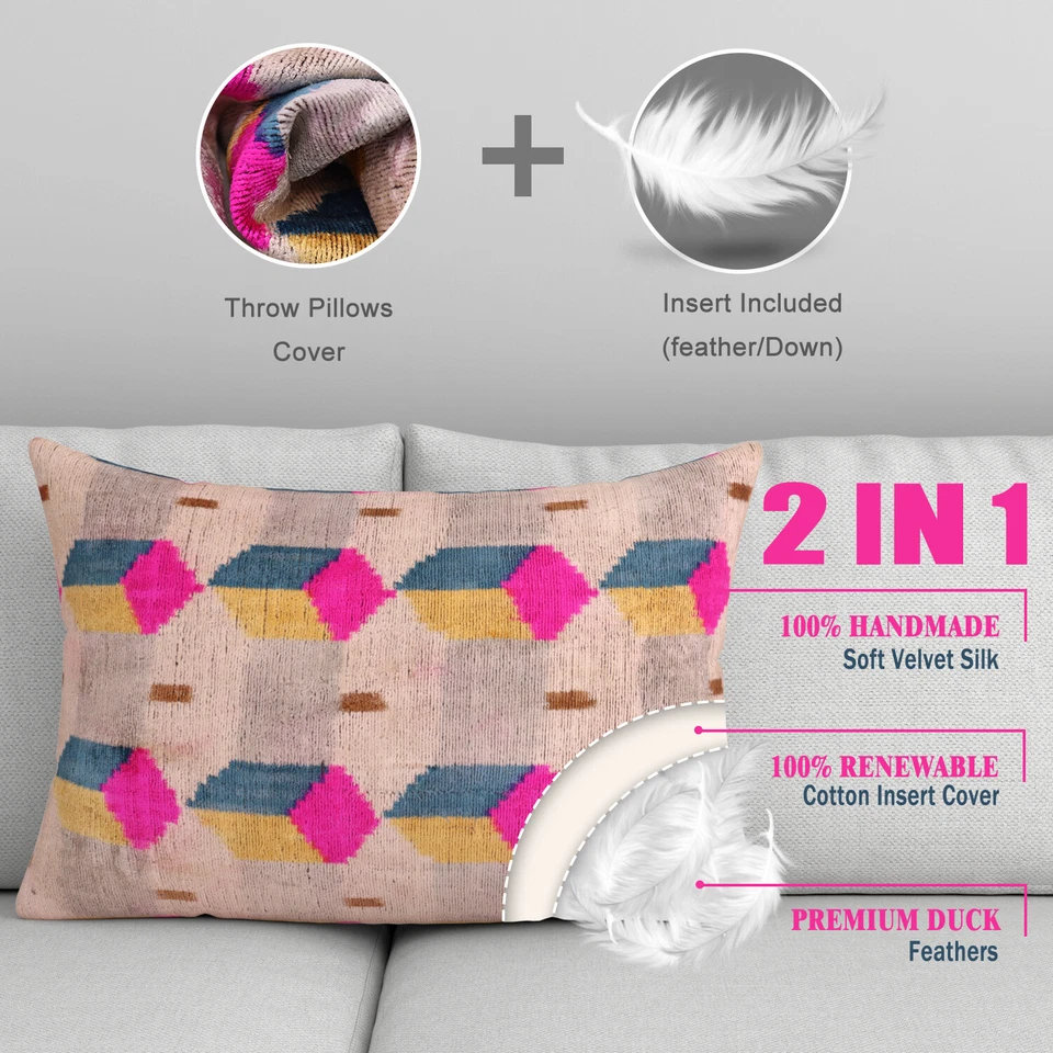 Almohada de terciopelo de plumas geométrica hecha a mano rosa 16 x 24 pulgadas (40 x 60 cm) Foto 2 de 4