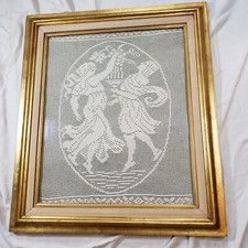 Vintage Large Gold Framed "Greek Figures Couple Dancing Scene" White Lace Dolly