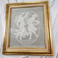 Vintage Large Gold Framed "Greek Figures Couple Dancing Scene" White Lace Dolly