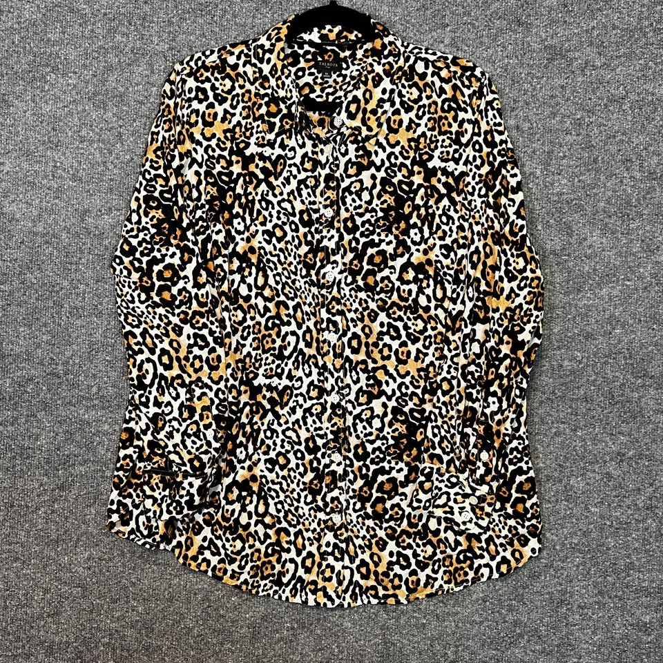 Talbots Shirt Womens 1X Brown Cheetah Print Blouse Button Up Chambray Plus Size - Image 2 of 4